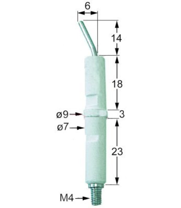 Electrod aprindere piezo, D1 ø 7mm connection M4 D2 ø 9mm L1 14mm L2 6mm BL1 18mm BL2 3mm BL3 23mm