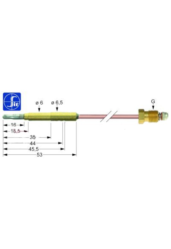 Termocupla (senzor flacara) cu lungimea de 850mm, diametrul de fixare in suportul flacari de veghe de 6,5mm si diametrul conectorului pentru robinet de M9x1mm