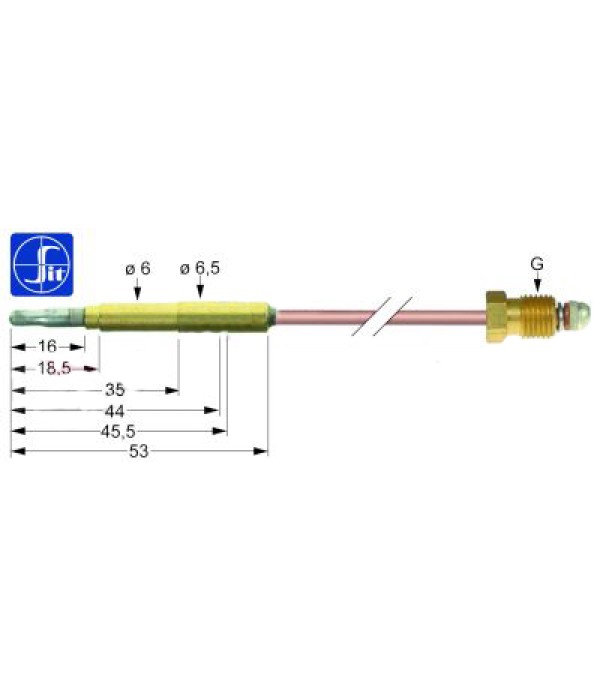 Termocupla (senzor flacara) cu lungimea de 850mm, diametrul de fixare in suportul flacari de veghe de 6,5mm si diametrul conectorului pentru robinet de M9x1mm