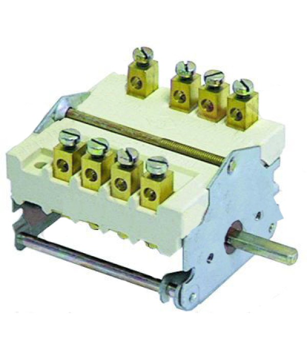 Intrerupator, selector, pornit/oprit, 0-1-0-1, producator EGO cod 43.42032.000, 4contacte, 32A, dimensiuni ax-6x4,6mm, lungime ax 23mm, conectori electrici cu surub M4x1. Pentru Ascobloc, Capito, Electrolux, Gico, Juno, Mareno