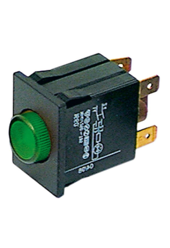 Intrerupator, comutator  fara retinere montare pe 30x22mm cu buton central rotund culoare verde