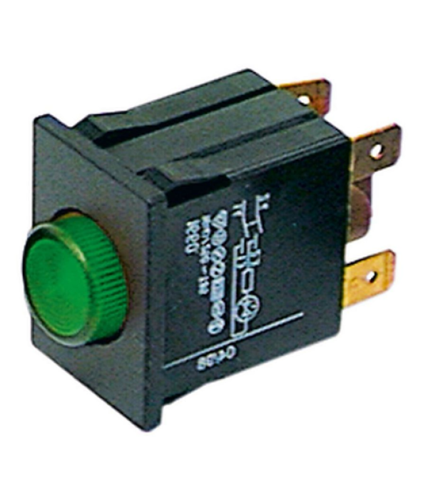 Intrerupator, comutator  fara retinere montare pe 30x22mm cu buton central rotund culoare verde