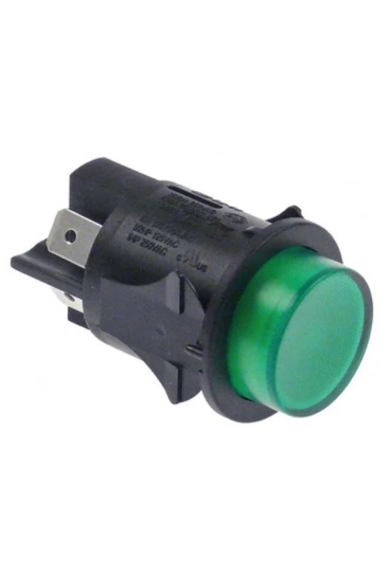 Intrerupator, buton rotund cu retinere iluminat culoare verde pentru espressoare, masina de spalat vase, masa calda, cuptor, dulap frigorific