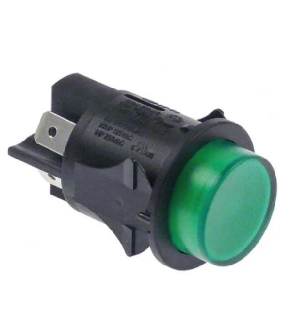 Intrerupator, buton rotund cu retinere iluminat culoare verde pentru espressoare, masina de spalat vase, masa calda, cuptor, dulap frigorific