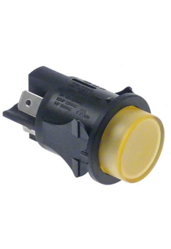 Intrerupator, buton rotund ø25mm cu retinere iluminat culoare galben pentru espressoare, masina de spalat vase, masa calda, cuptor, dulap frigorific