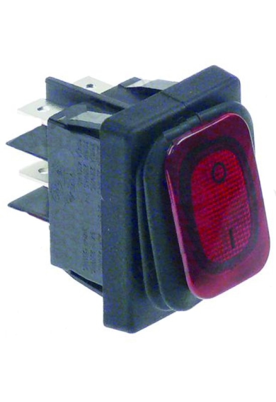 Intrerupator basculant rosu, dimensiuni 30x22mm, 2NO, 250V, 20A, protectie IP65, simbol 0-1, conexiune papuci 6.3mm