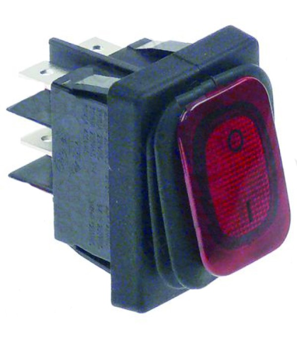 Intrerupator basculant rosu, dimensiuni 30x22mm, 2NO, 250V, 20A, protectie IP65, simbol 0-1, conexiune papuci 6.3mm