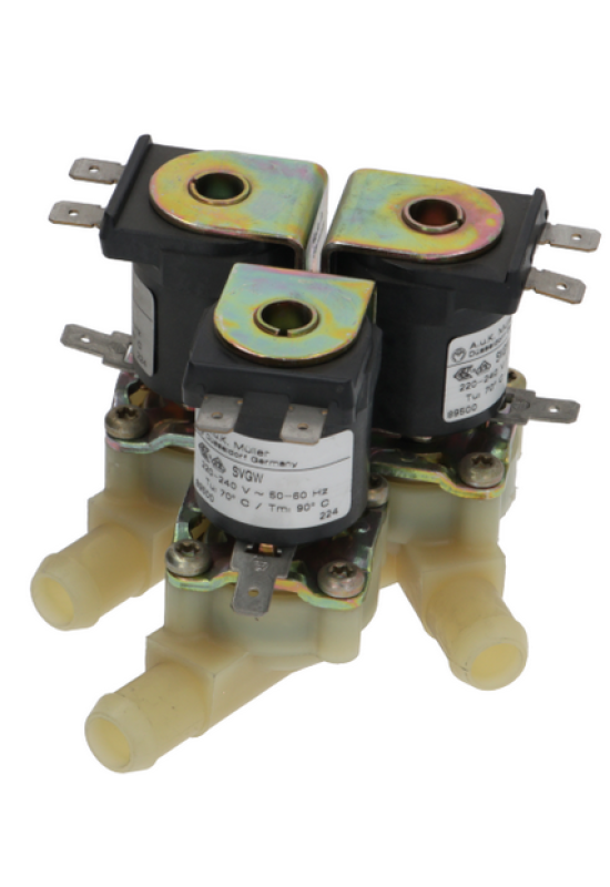 Electrovalva apa Muller cu trei iesiri drepte de 14.5mm, intrare de ¾”, alimentare 230VAC, masina spalat rufe Danube