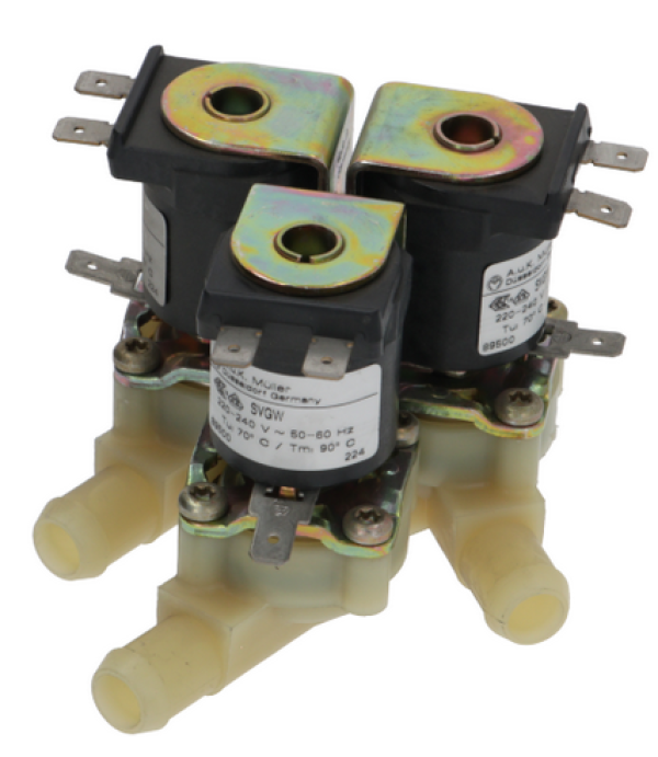 Electrovalva apa Muller cu trei iesiri drepte de 14.5mm, intrare de ¾”, alimentare 230VAC, masina spalat rufe Danube