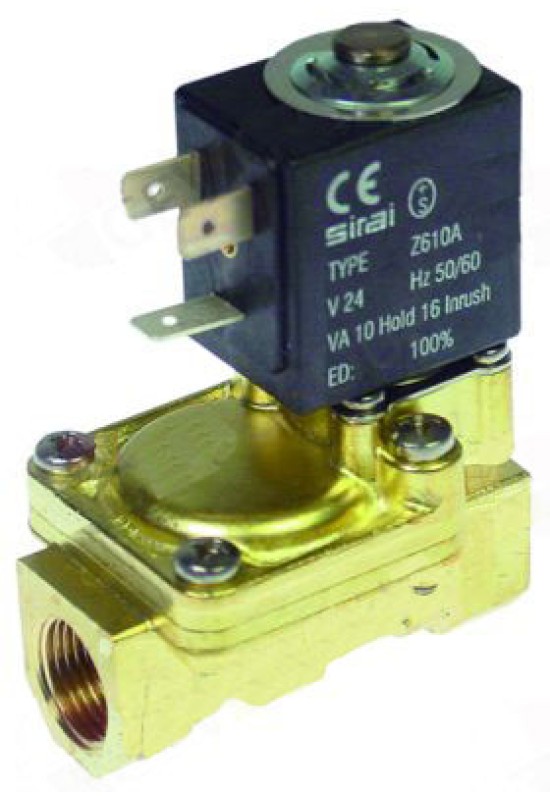 Electrovalva apa SIRAI tip L180-B,bobina tip Z610A,  alimentare 24V (AC), intrare/iesire de 3/8”, lungime 60mm