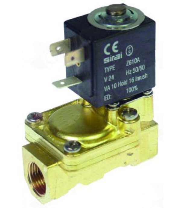 Electrovalva apa SIRAI tip L180-B,bobina tip Z610A,  alimentare 24V (AC), intrare/iesire de 3/8”, lungime 60mm