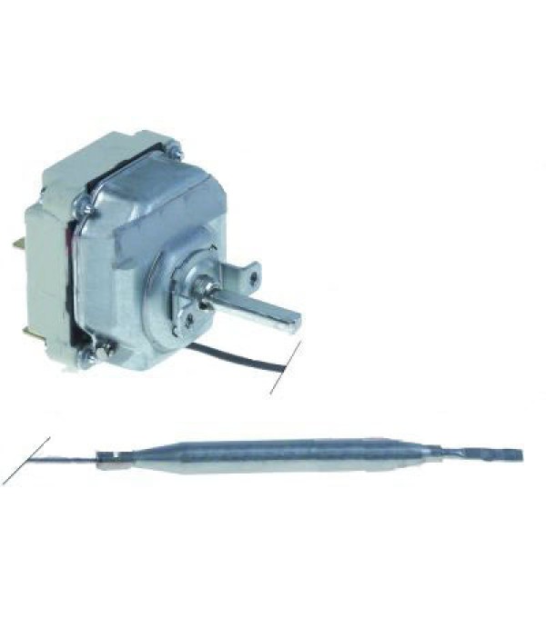 Termostat de lucru 100-300◦C, 3poli, contacte 16A, lungime capilar 1150mm, izolat 1140mm, dimensiuni senzor- 6x75mm, ax de 6x4,6mm cu lungimea de 23mm. Pentru plita, grill
