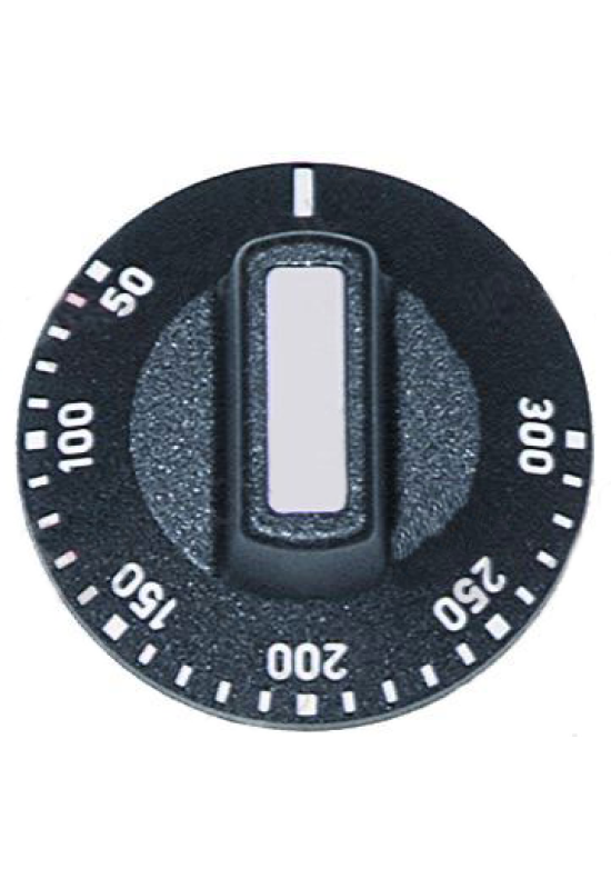 Buton actionare termostat, gradat 50-300◦C, montare pe ax de 6x4,6mm. Pentru cuptoare ELECTROLUX, RATIONAL, PALUX, KING, KREFFT
