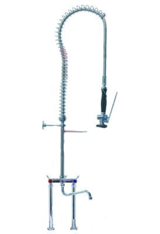 Baterie cu dus prespalare si pipa, doi robineti ceramici, inaltime-1220mm, lungime pipa-220mm, conexiuni apa ½”, distanta de fixare -150mm.Se livreaza completa cu toate elementele de fixare. Tip Gastrotop Premium