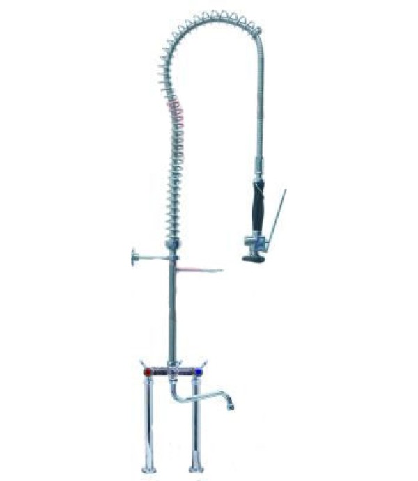 Baterie cu dus prespalare si pipa, doi robineti ceramici, inaltime-1220mm, lungime pipa-220mm, conexiuni apa ½”, distanta de fixare -150mm.Se livreaza completa cu toate elementele de fixare. Tip Gastrotop Premium