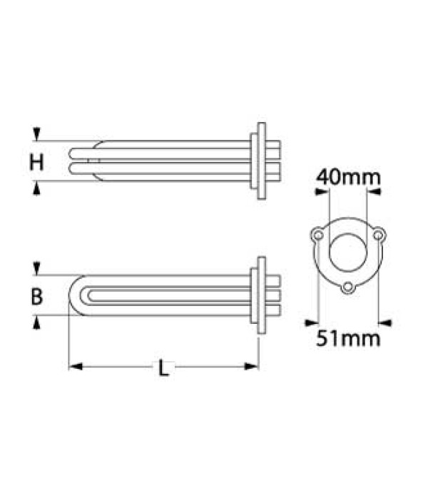 Rezistenta boiler expresor Pavoni, 3 circuite, putere 2870-3130W, 230/240V, montare pe interior de 40mm si distanta intre gauri (masurare la jumatatea gaurilor) conform schitei de 51mm, teaca pentru termostat pozitionata central