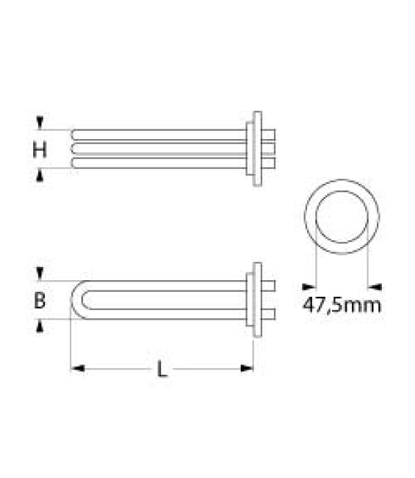 Rezistenta boiler masina de spalat vase MEIKO, putere 9000W, 3 circuite, 230V, montare pe diametru de 47,5mm, lungime 475mm. Pentru modelele FV130B, FV250B, DV40 si DV120B, coduri MEIKO 0101166, 9500498 