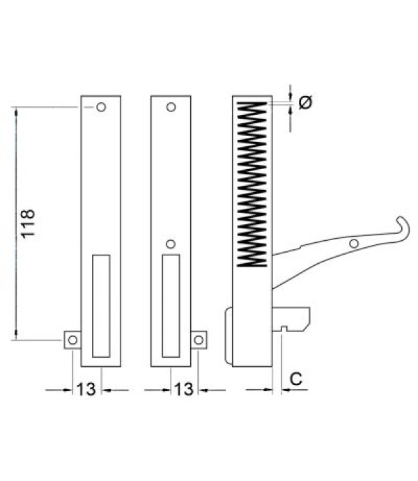 Balama usa cuptor, lungime levier 126mm, montare pe 118mm, grosime arc 3,7mm, se monteaza pe partea dreapta
